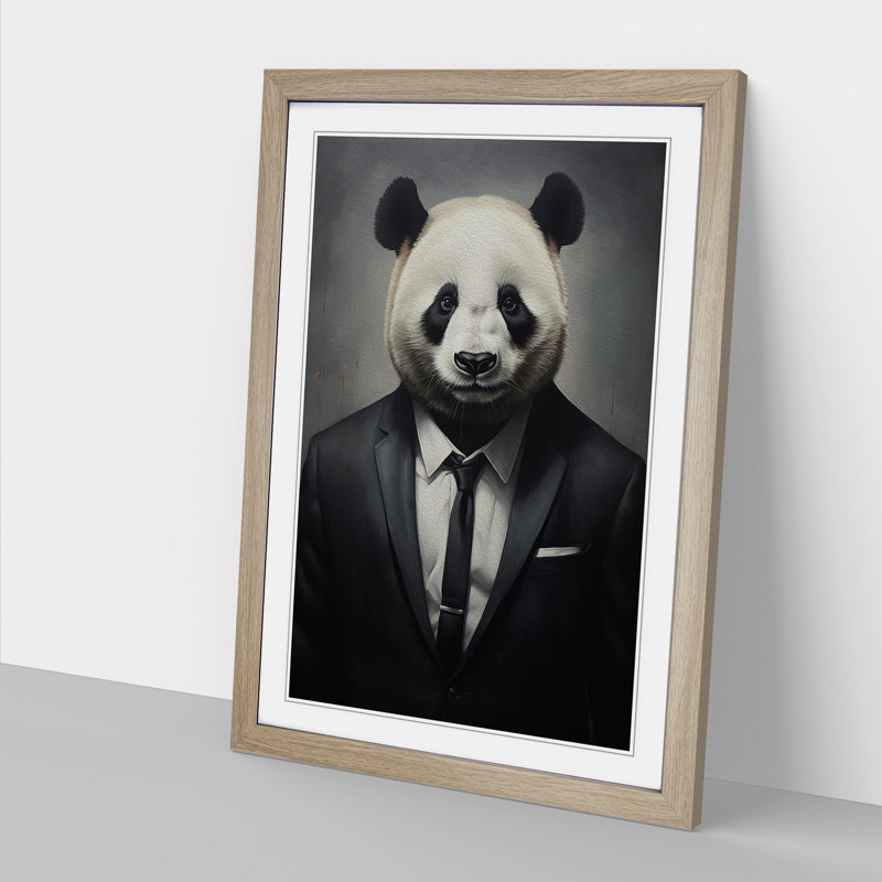 Panda In A Suit - Single Picture Frame Print on Wood, 34cm H x 25cm W x 2cm D, Oak