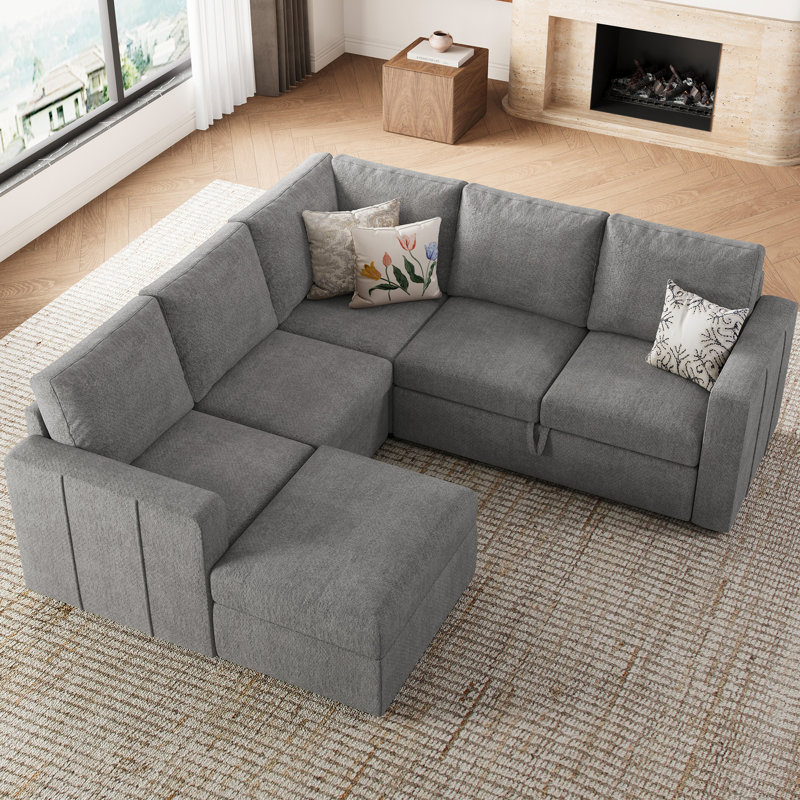 Rafael Velvet Chenille U Shaped Modular Sectional Sofa Apartment Pull Out Sofa Bed Sleeper Corner Sofa With Storage Ottoman