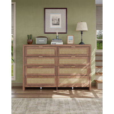 8-Drawer Rattan Dresser with Rolling Wheels, Walnut
