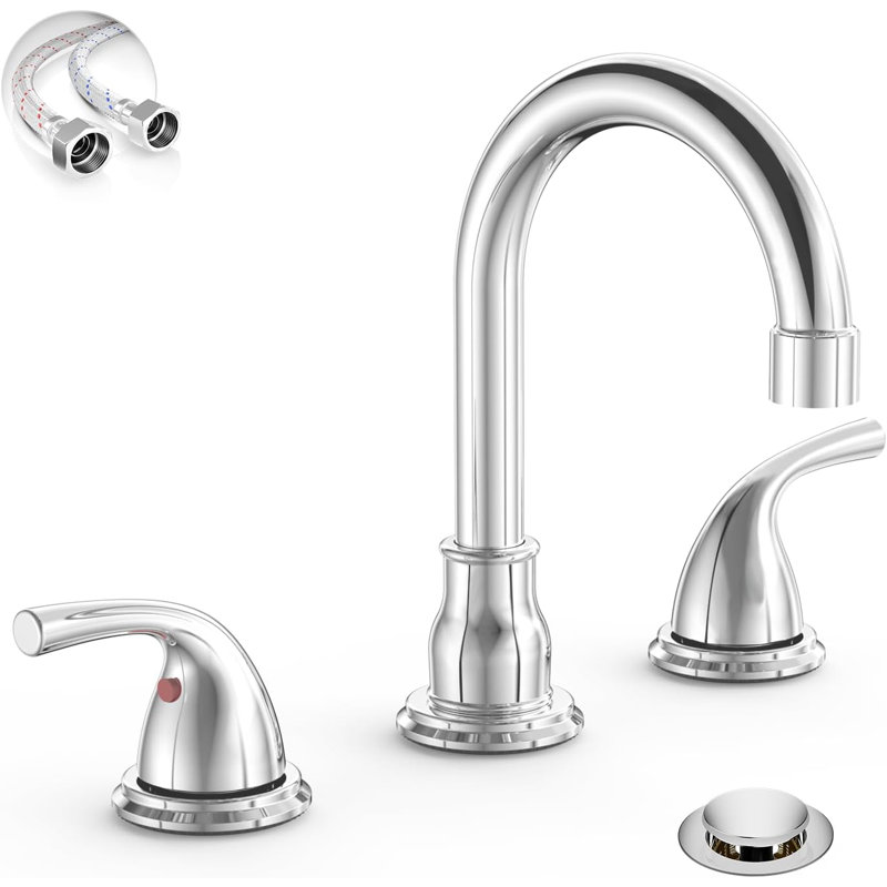 8 Inch 3 Hole Chrome Bathroom Sink Faucet, 2 Handle Widespread Faucet With Metal Pop Up Drain And Water Supply Lines, Chrome
