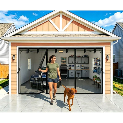 Ensemble de moustiquaire de porte de garage rétractable 18 x 8 pi Fermeture magnétique en maille de fibre de verre pour porche de balcon