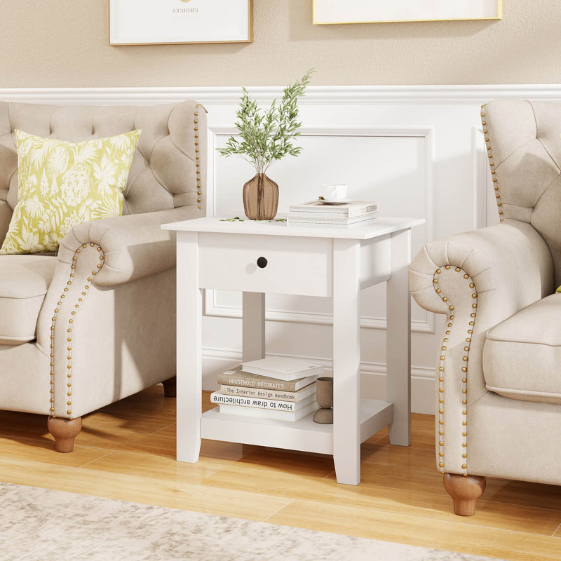 Table de chevet moderne à 3 niveaux avec 2 tablettes ouvertes, Ensemble de 2, Blanc