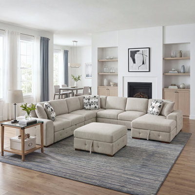 Zula 176.5" Modern & Contemporary Chenille 6-Piece Sectional Sofa with Pull-Out Bed, Storage Ottoman & Right Chaise