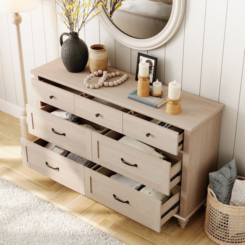 Commode 7 tiroirs Mid-Century - 54 pouces, bois vieilli, idéale pour la chambre à coucher, la chambre de bébé ou le salon
