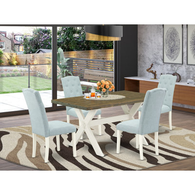 5 Piece Dining Room Table Set Includes a Rectangle Dining Table with X-Legs and 4 Baby Blue Linen Fabric Upholstered Chairs, Wire Brushed Linen White