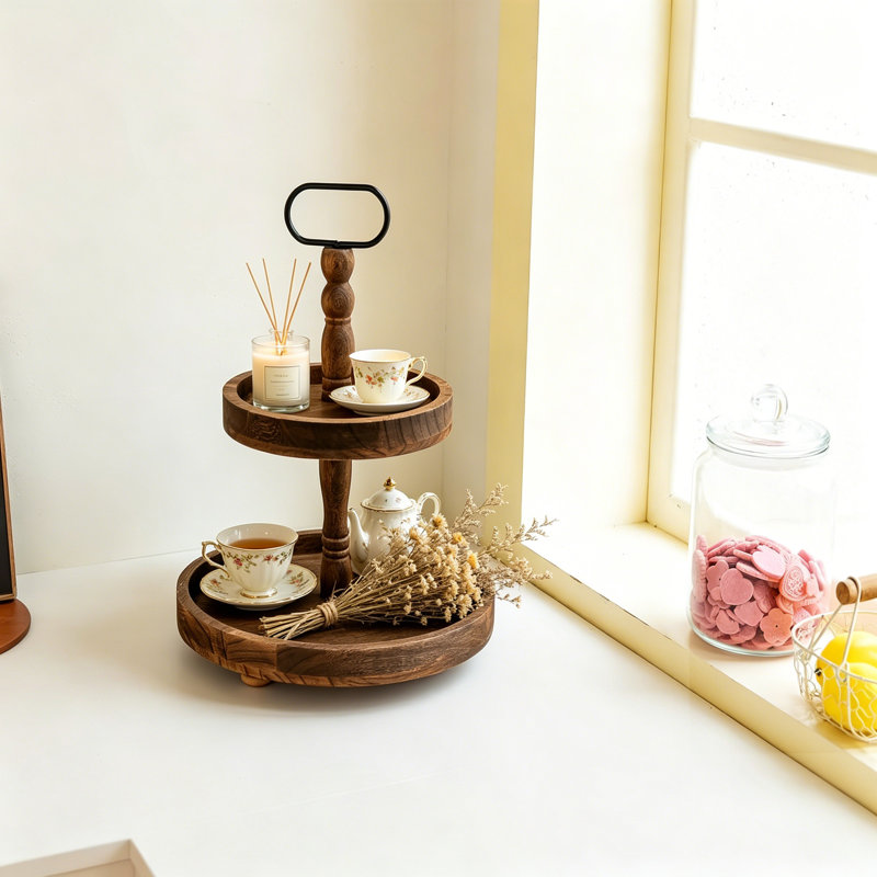 Farmhouse Style Two-Tier Wooden Tray Stand - Rustic Serving And Display Tray For Home Decor, Coffee Bar, And Table Centerpiece