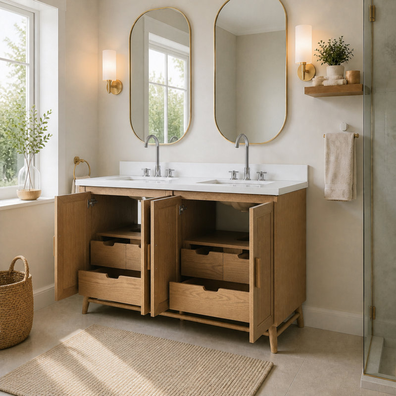 Meuble-lavabo autoportant en bois massif café clair avec plateau blanc, 60"