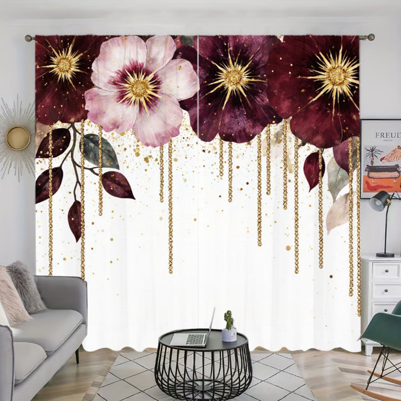 2PCS Luxurious Floral Style Decor Light Filtering Curtains with Burgundy and Pink Flowers, Gold Hanging Chains Pattern, Spring Refresh, Easy Hang Rod Pocket Design, All-Season for Home Living Room Bedroom Study Cabinet Decoration