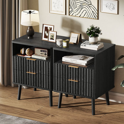 Ensemble de table de chevet cannelée 2 pièces, table d'appoint moderne de 18 po, table de bout à 2 tiroirs avec rangement, chevet pour chambre à coucher, salon, profil incurvé