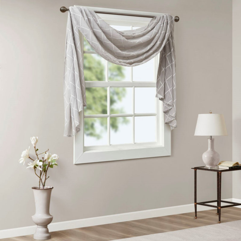 Diamond Sheer Embroidered Window Scarf, Gray/White, 50" W x 216" L