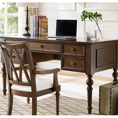 Bureau vintage en bois massif, 5 tiroirs et poignées en alliage de zinc