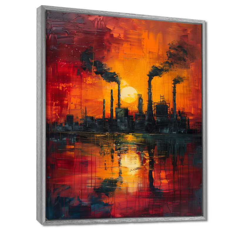 Art industriel rouge «Polution I» - usines, Toile argentée avec cadre flottant, H 32 po x l 16 po x P 1 po