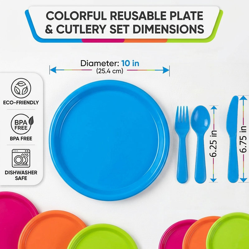  16 Piece Reusable Plastic Dinnerware Set for 4 – Microwavable & Dishwasher Safe Assorted Colour Plates, and Cutlery for Party, Picnic, Camping, Outdoor Gathering & Everyday Dining