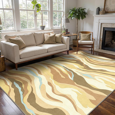 8X10 Desert Gold Modern Abstract Area Rug, Soft Low Pile Machine Washable Non-Slip Carpet For Living Room Bedroom Dining Room