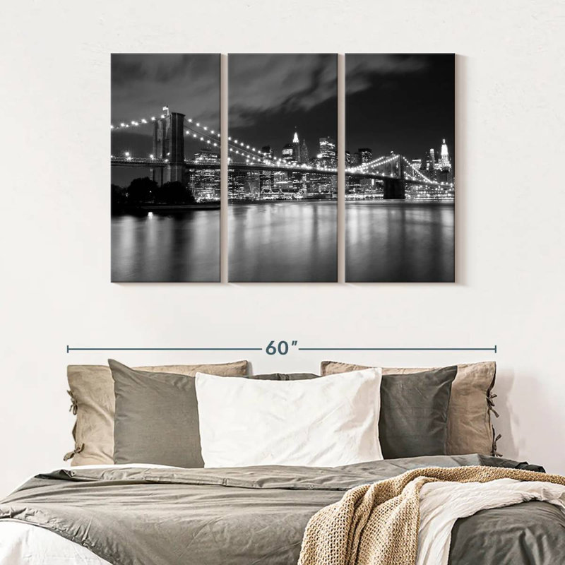 Pont de Brooklyn la nuit sur toile, ensemble de 3 pièces, H 32 po x l 50 po x P 1,25 po