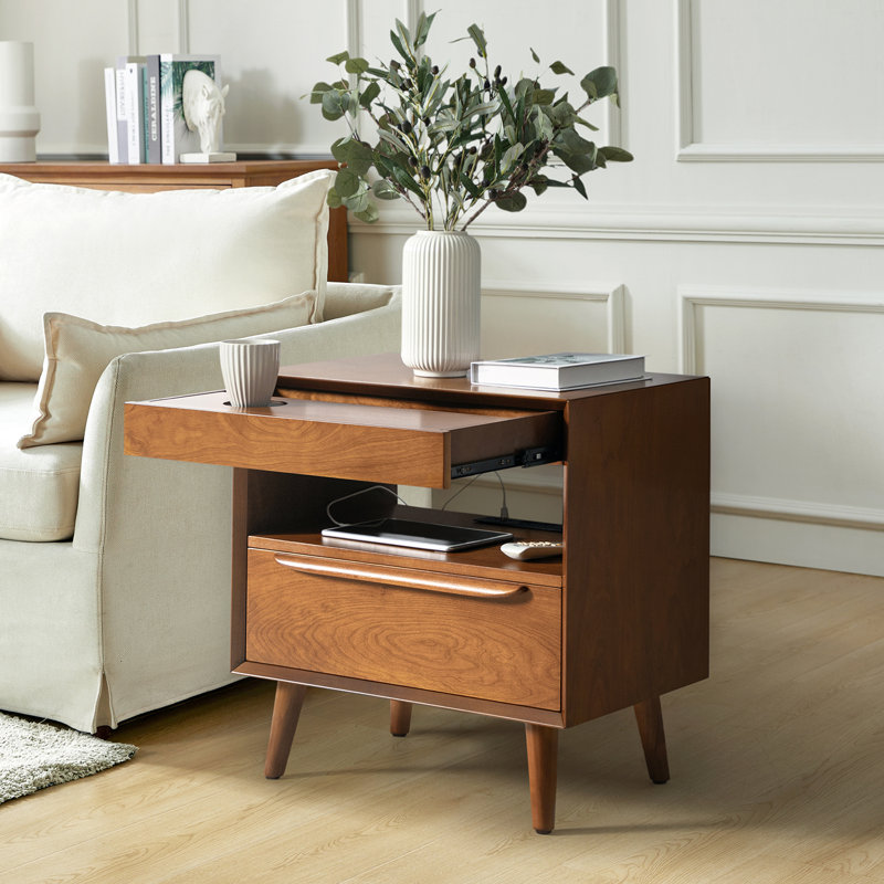 Nawaal Mid-Century Modern 2-Drawer Nightstand with Charging Station and Pull-Out Tray, Acorn