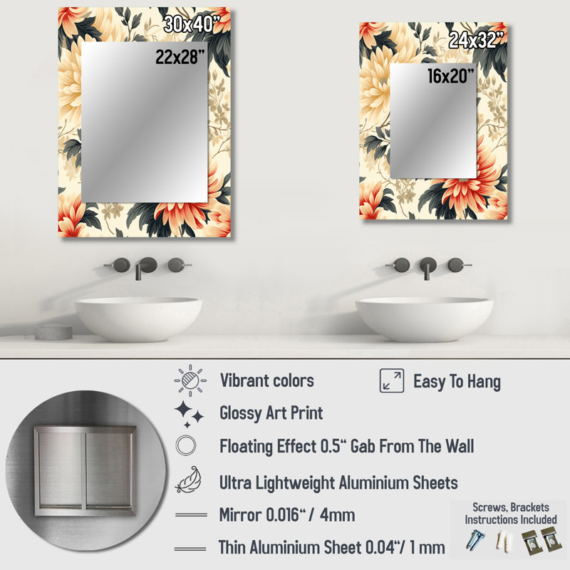 Elkview rétro vert et beige Dahlia - miroir décoratif floral, miroir mural de chalet, impression d'art en métal