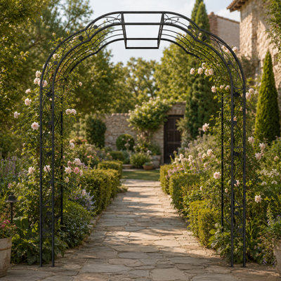 Arche de jardin en fer noir, 189 cm de large x 250 cm de hauteur, treillis galvanisé thermolaqué pour plantes grimpantes, facile à monter, idéal pour les rosiers, les vignes, les mariages, les fêtes et la décoration de Noël.