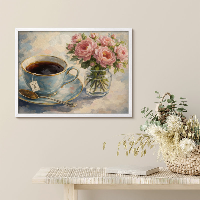 Tea and Roses Framed Wall Art Prints - Teacup with pink flowers for dining room, H 8 po x l 10 po, Blanc