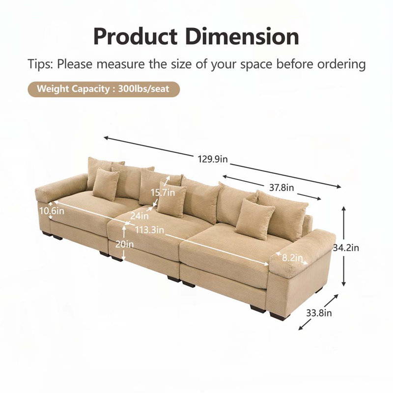 Canapé modulaire surdimensionné Cloud, H 34,2 po x l 129,9 po x P 33,8 po, 3, Chameau