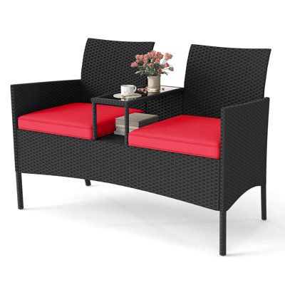 Patio Loveseat With Built-in Table Soft Cushions & Tempered Glass Tabletop Red by Winston Porter