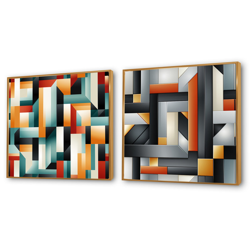 Crusado - Ensemble de 2 collages carrés à formes abstraites, H 16 po x l 33 po, Cadre flottant doré