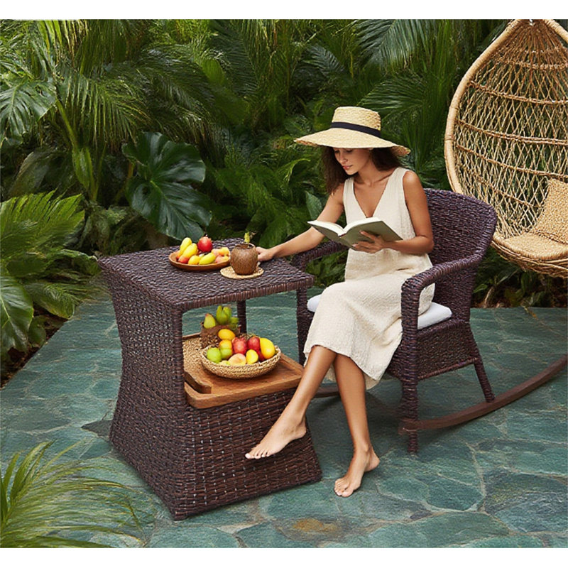 Table d'appoint durable en rotin avec trou pour parasol et tablette de rangement pour patio, piscine et cour arrière