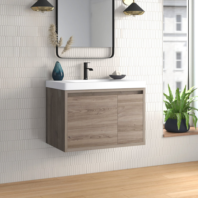 Meuble-lavabo mural simple 30,5 po avec plateau en marbre de culture, Orme de forêt
