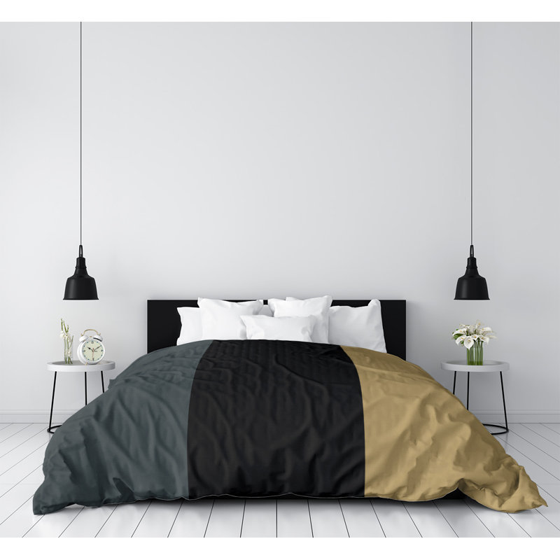 Modern & Contemporary Striped Duvet Cover, Queen Duvet Cover, Brushed Polyester, Steel Gray/Black/Gold