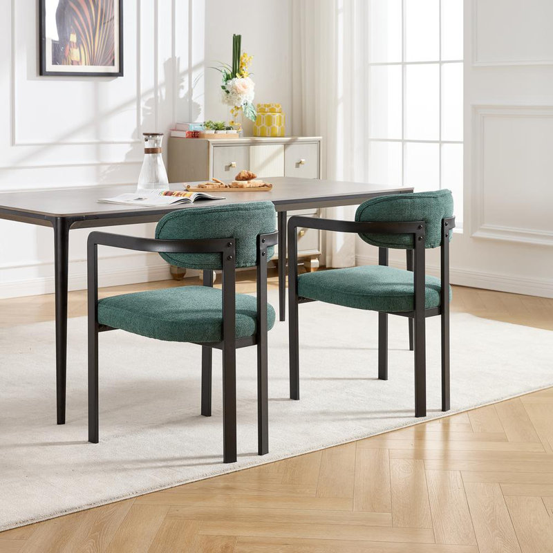 Ensemble de 2 chaises de salle à manger modernes rembourrées avec pieds en métal noir Boucle, Vert antique