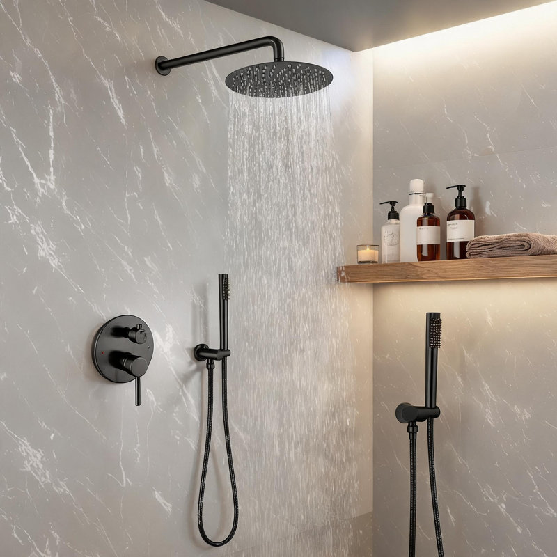 Système de pomme de douche à pluie murale en laiton noir mat et acier inoxydable avec douchette à main et soupape d'équilibrage de pression