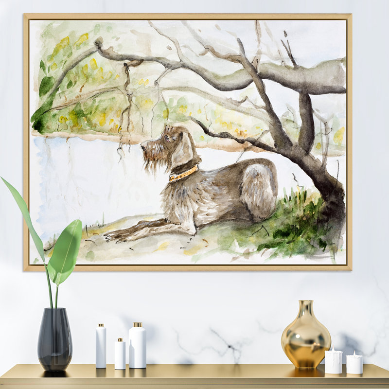 German Wirehaired Pointer - Peinture sur toile, H 12 po x l 20 po, Toile avec cadre en érable