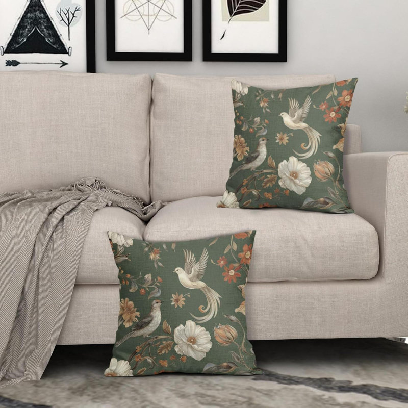 Ensemble de 2 housses de coussins décoratifs d'extérieur à motif de fleurs et d'oiseaux chinois rétro et rustiques, Vert