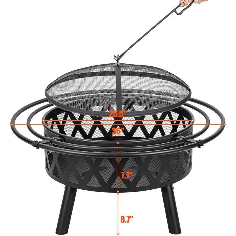 36 Inch Black Steel Outdoor Fire Pit with Spark Screen and Fire Poker