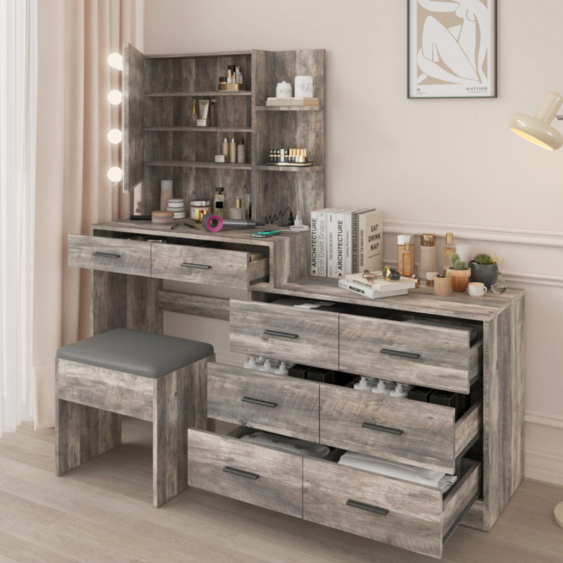 Makeup Vanity Set with Lights, USB & Power Outlet and 8 Drawers, Gray