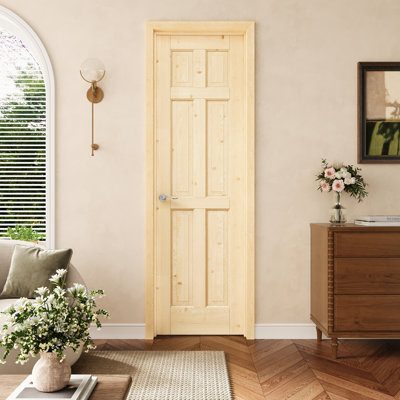 Porte pré-suspendue à 6 panneaux en bois de pin 24 po x 80 po avec charnières argentées, bois de pin naturel, porte intérieure comme garde-manger, porte de chambre à coucher, porte de buanderie, portes de placard, portes de pièce, droite