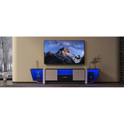 Meuble télé noir avec douille intégrée et lumières à modes multiples, grande console de rangement de 69,36 po de profondeur, lumières à DEL télécommandées pour téléviseur de 60 à 69 po, meuble télé moderne