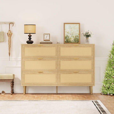 Christmas Rattan 6 Drawer Dresser, Farmhouse Wooden Chest Of Drawers With 5 Metal Legs, Golden Handles, Wide Double Drawer Dresser For Bedroom, Living by Bay Isle Home