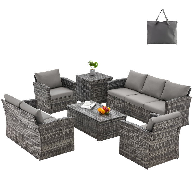 7 - Person Outdoor Seating Group with Cushions and Cover, Gray Cushion/Gray Frame