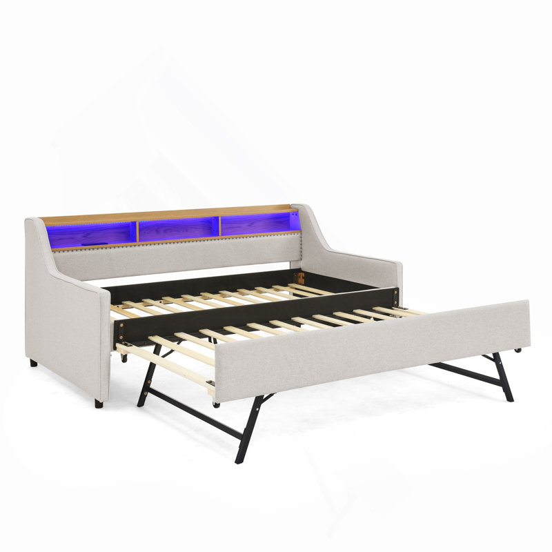 Canapé-lit simple rembourré avec trois lumières DEL, tête de lit réglable avec rangement, lit gigogne escamotable et chargement sans fil, cadre de canapé-lit rembourré en lin, beige