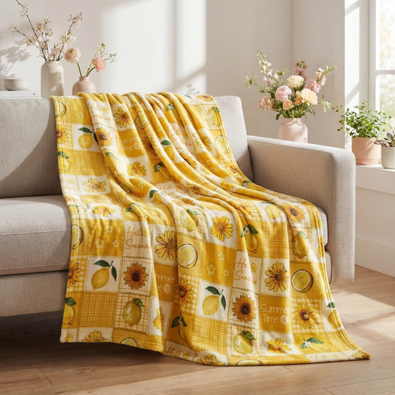 Jeté en flanelle printemps été, patchwork Bufflo jaune citron tournesol douces douillettes en molleton douillet pour canapé-lit, cadeaux idéaux pour les adultes, 50 x 40