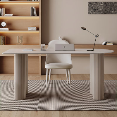 Bureau d'écriture moderne à piédestal cannelé avec coins arrondis et structure en acier robuste, longueur 180 cm (71 po), bureau d'ordinateur pour bureau à domicile