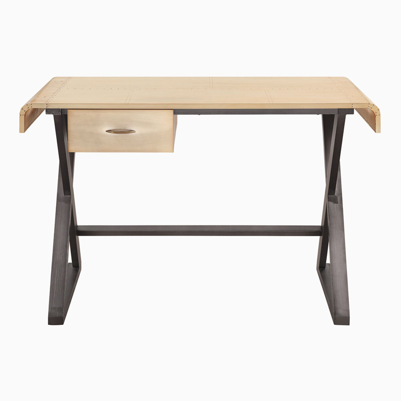 Bureau d'écriture en aluminium doré et gris avec base en métal en forme de X