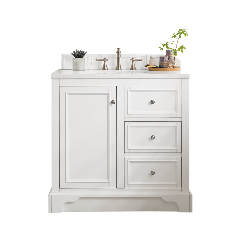 De Soto 36'' W Single Vanity, Bright White, Carrara White Marble, 8" Widespread