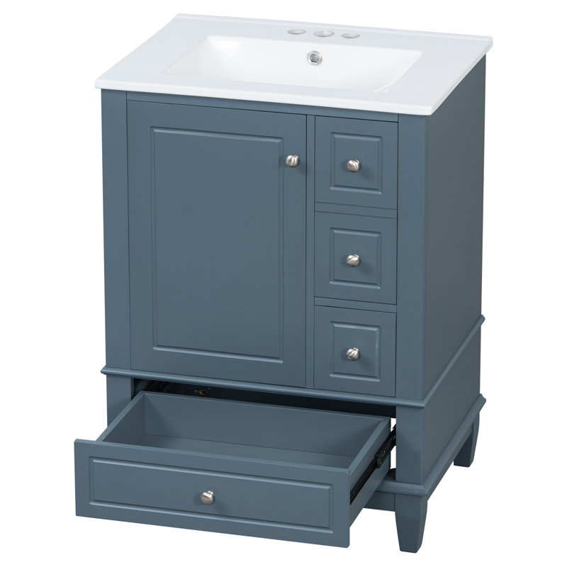 Hutton 24" Freestanding Bathroom Vanity with Ceramic Sink, Drawers & Shelves, Blue Gray