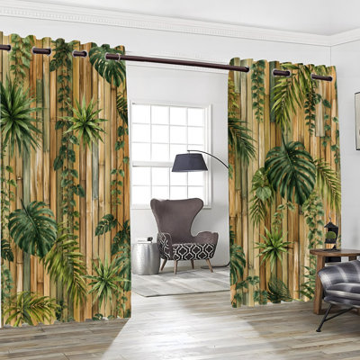 2PCS Grommet Top Tropical Bamboo Plant Printed Polyester Curtain Drapes, Thermal Insulated Heat Blocking Noise Reducing Blackout Room Darkening Curtains with Privacy Protection, Indoor Window Panels for Bedroom Living Room Kitchen Home Decor