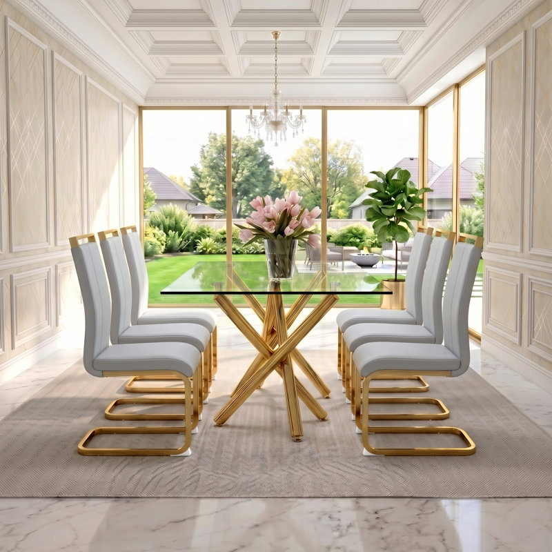 Ensemble de salle à manger moderne en verre avec chaises en porte-à-faux Modern Glam, Gris clair / doré, Doré