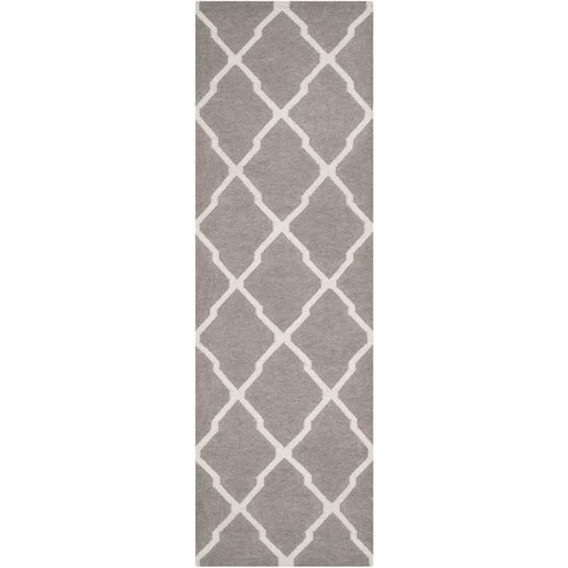 Rodgers Hand Woven Flat Weave Wool/Cotton Geometric Rug in Gray/Black, Runner 2'6" x 10'