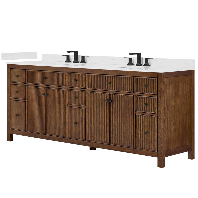 Pendry 84" Freestanding Double Bathroom Vanity with Top, Dark Walnut, Brushed Gold, Carrara Cultured Marble
