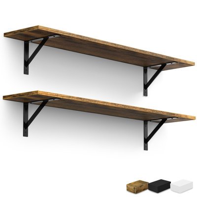 Sorbus 47.3 in Wood Wall Shelves with Black Metal Brackets, 2-Piece Set, Brown